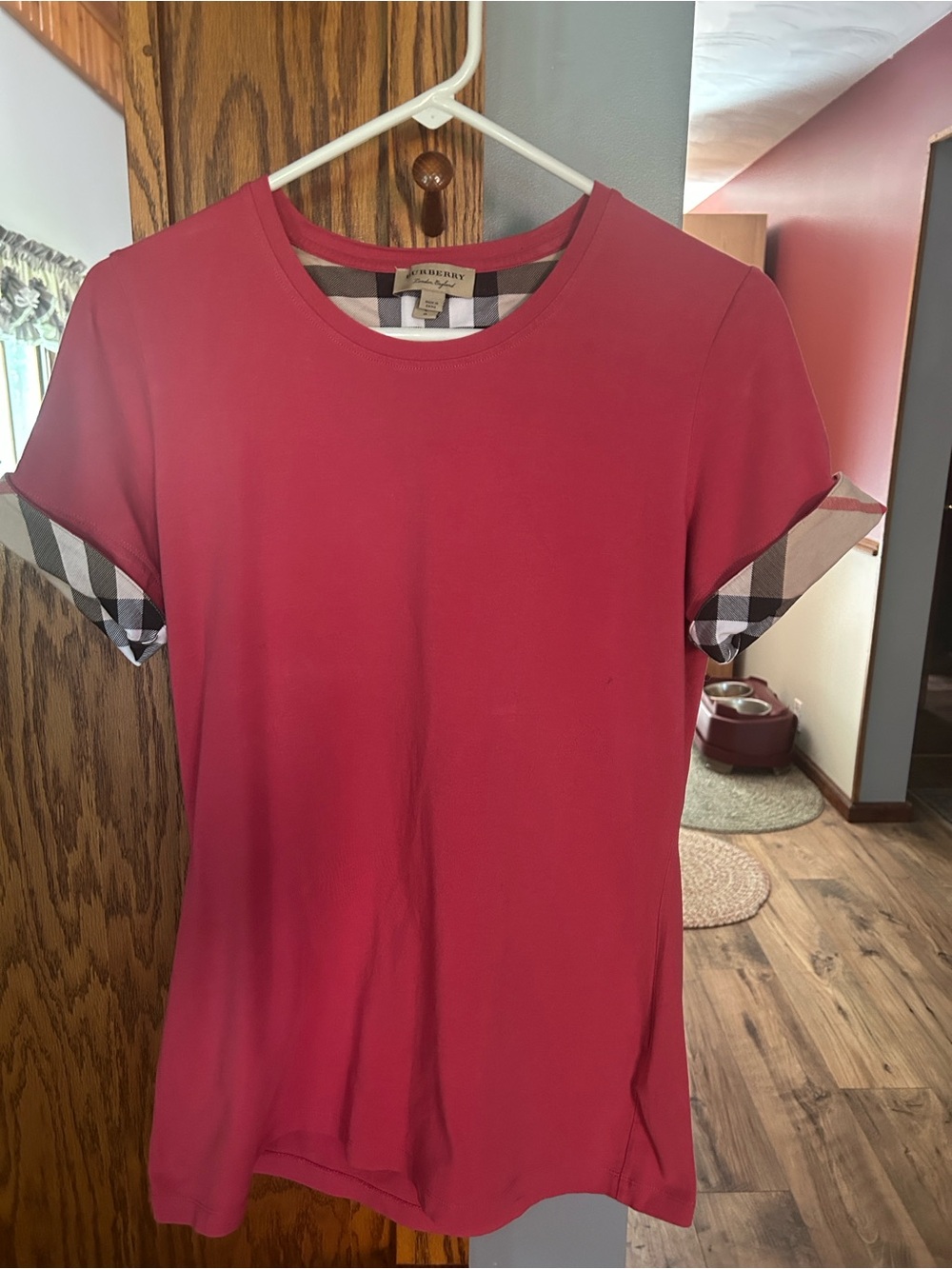 Burberry Dark Pink-Sleeve T-Shirt with Check Cuff Detail